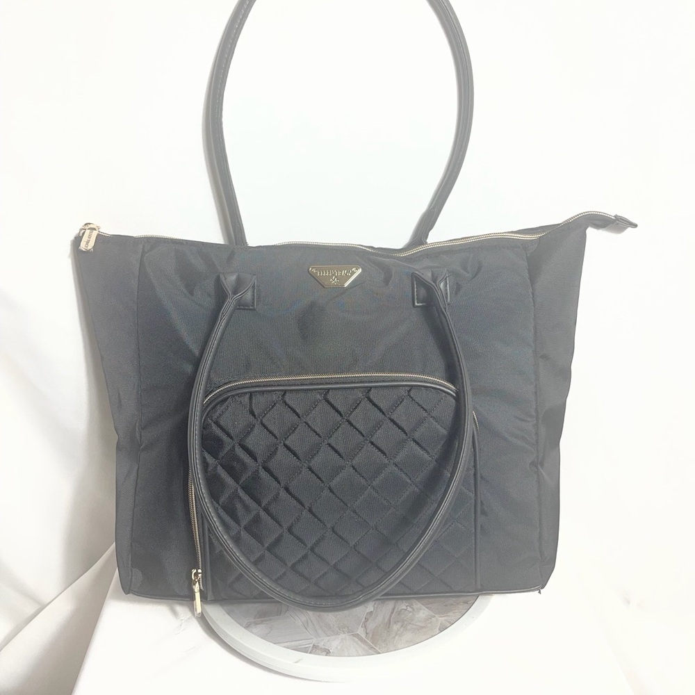 Ellen Tracy Black Nylon Tote Bag Quilted Pocket Large Zip Shoulder Bag
